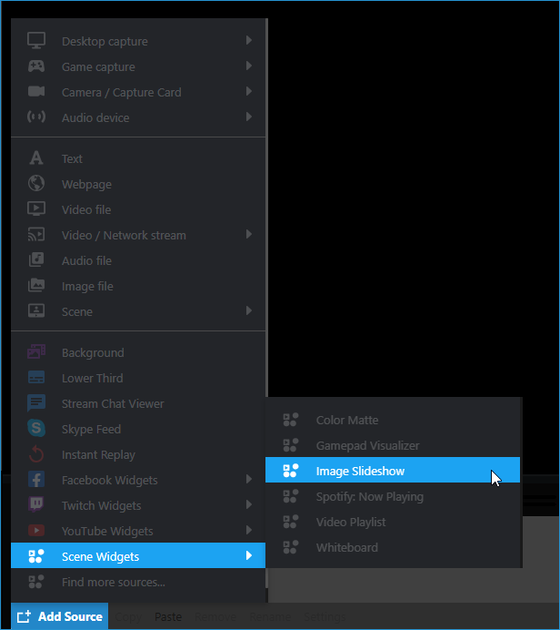 Add Source &gt; Scene widgets &gt; Image Slideshow in the Sources menu