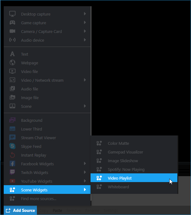 Selecting Scene Widgets &gt; Video Playlist from the Sources Menu