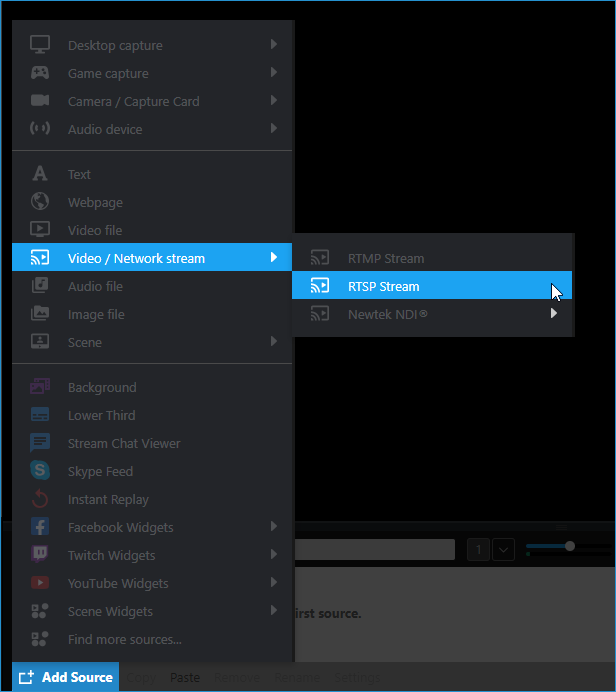 Selecting the RTSP Stream source in Add Source &gt; Video/Network Stream source menu