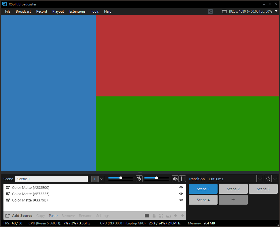 XSplit Broadcaster showing three Color Matte (Solid color) sources