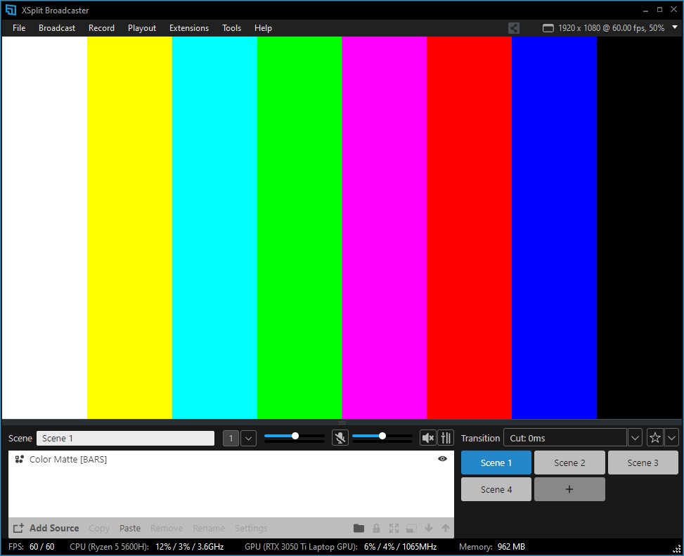 XSplit Broadcaster showing Color Matte - Color Bars 