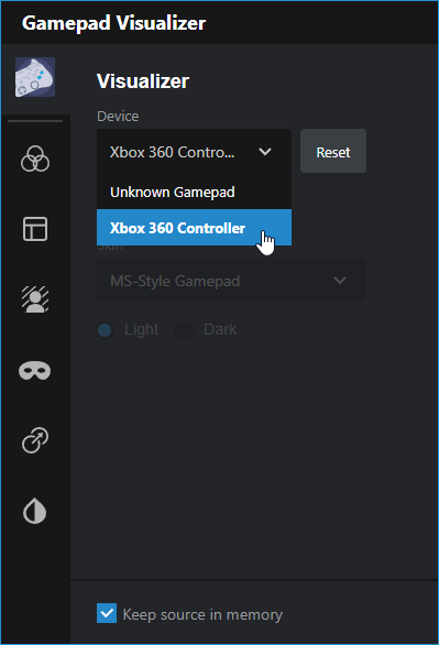 Gamepad visualizer source - Device settings with Xbox 360 Controller highlighted