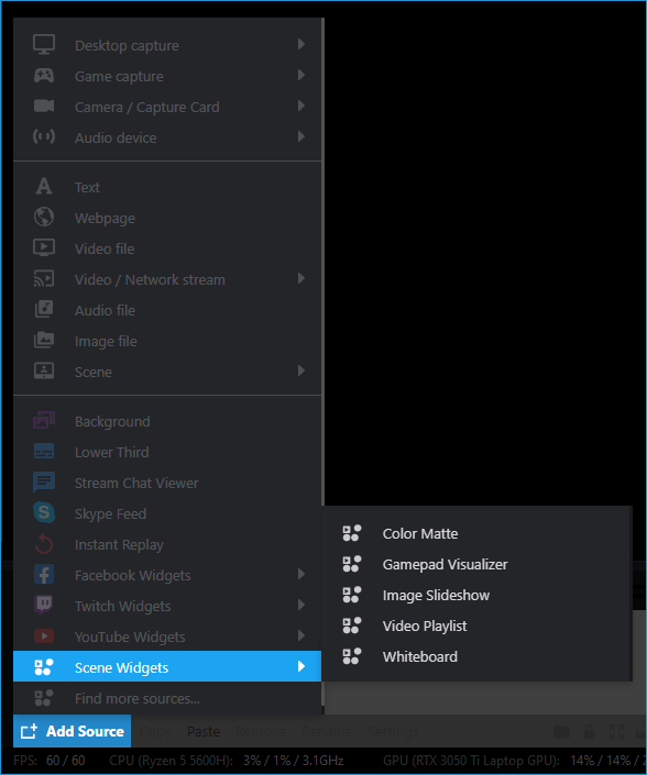 Add Source &gt; Scene Widgets options